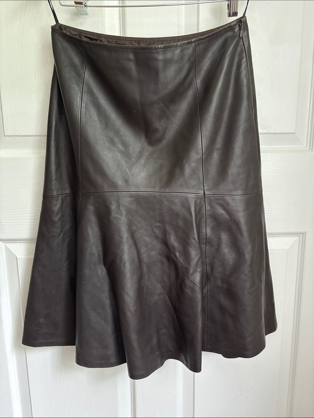 Lafayette 148 Espresso Brown Soft Lambskin Leather A-Line Midi Skirt Size 4